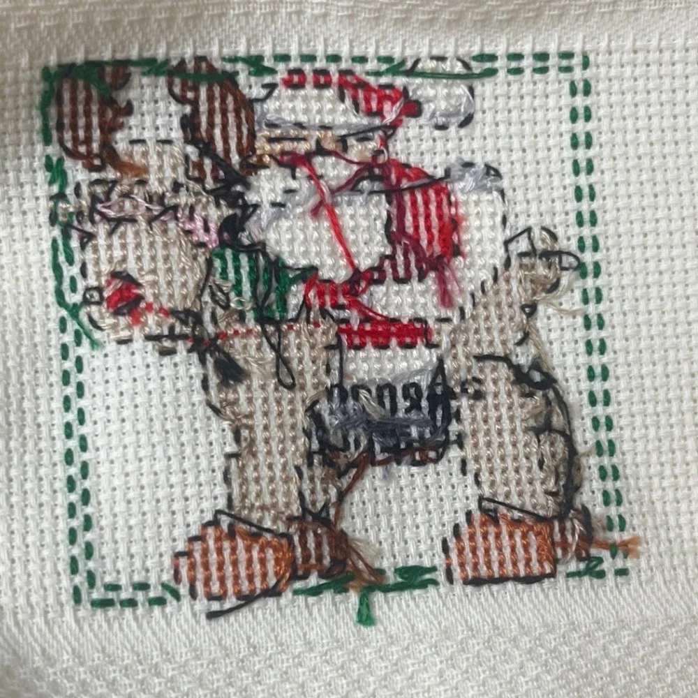 Vintage Handmade Christmas Cross Stitch Santa Reindeer Waffle Hand Towels Set 3